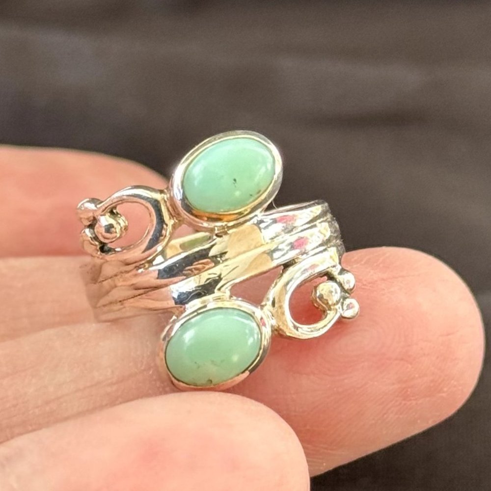 925 Sterling Silver Double Oval Green Turquoise Ring